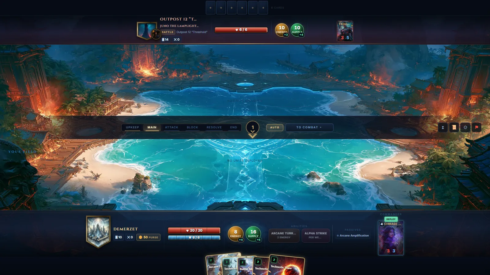 A battle in progress. The phase strip sits above the board, the action dock below it.