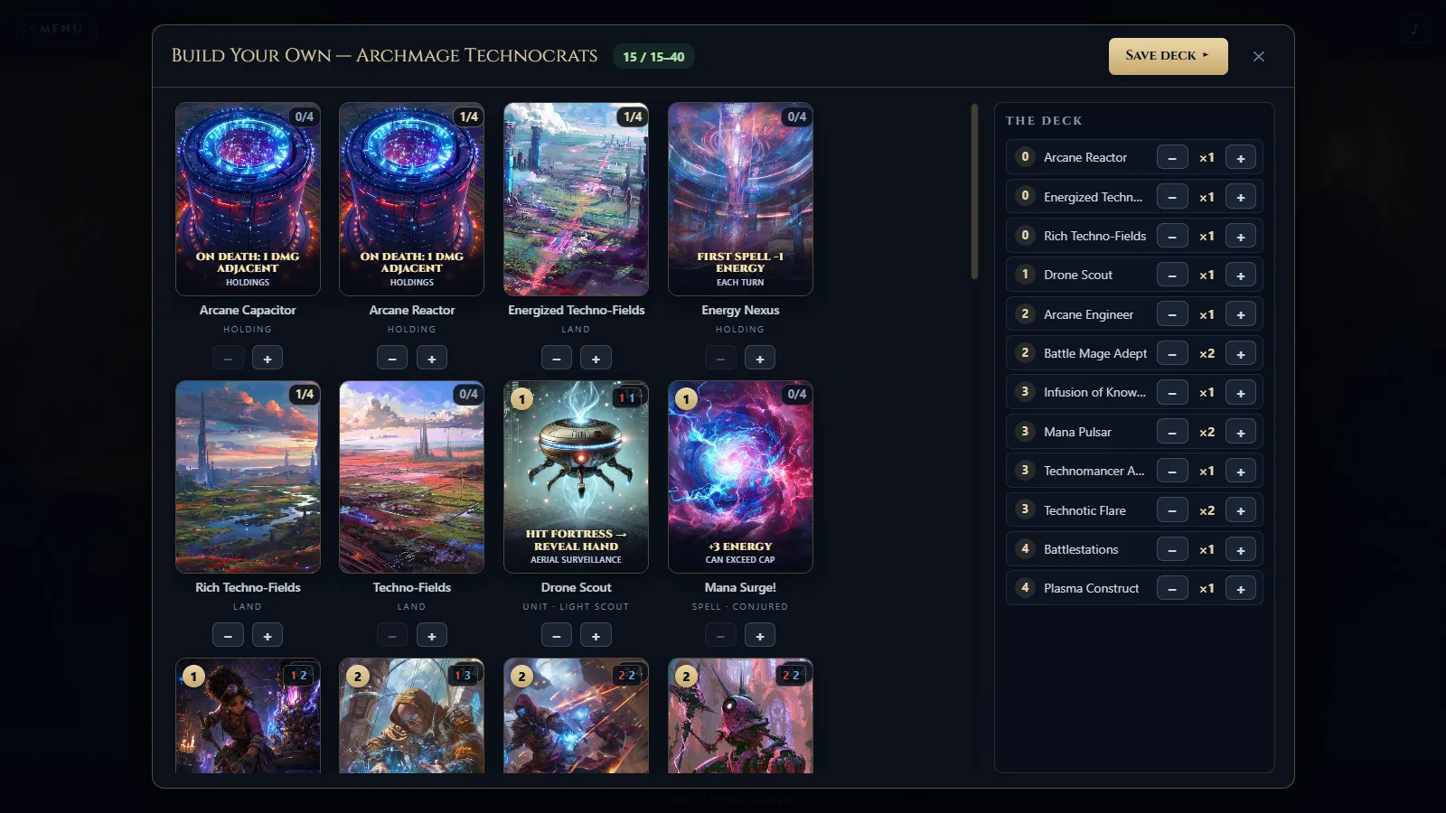 The deck builder. Card pool on the left, your list on the right.
