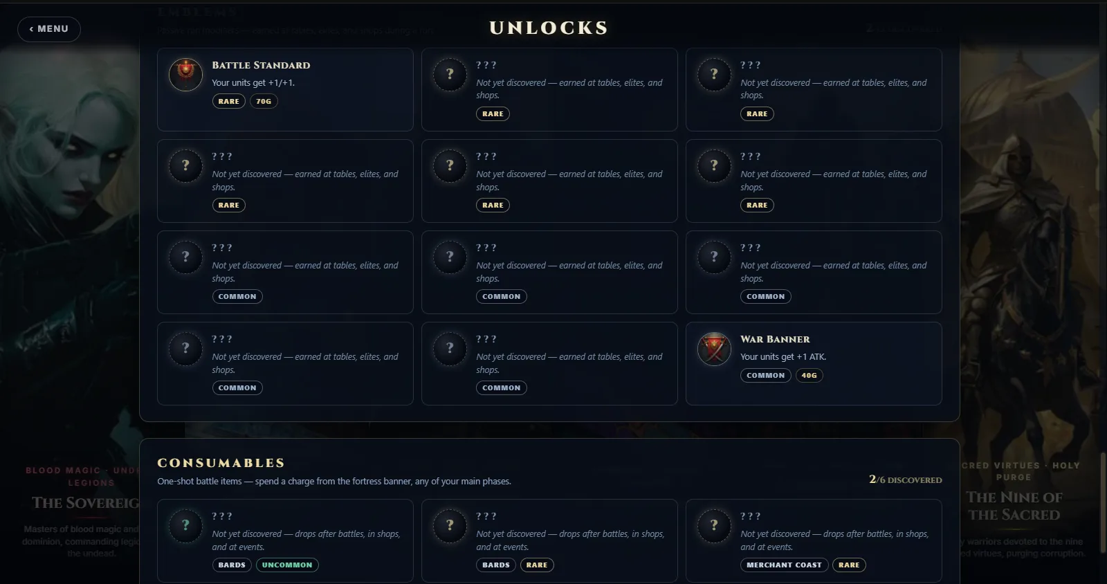 The Emblems and Consumables catalog on the Unlocks page. Undiscovered ones stay hidden.