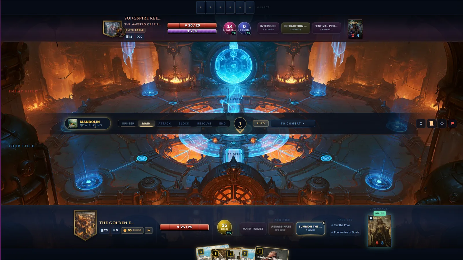 Spirefall gameplay — an elite table in the Songspire Keep arena