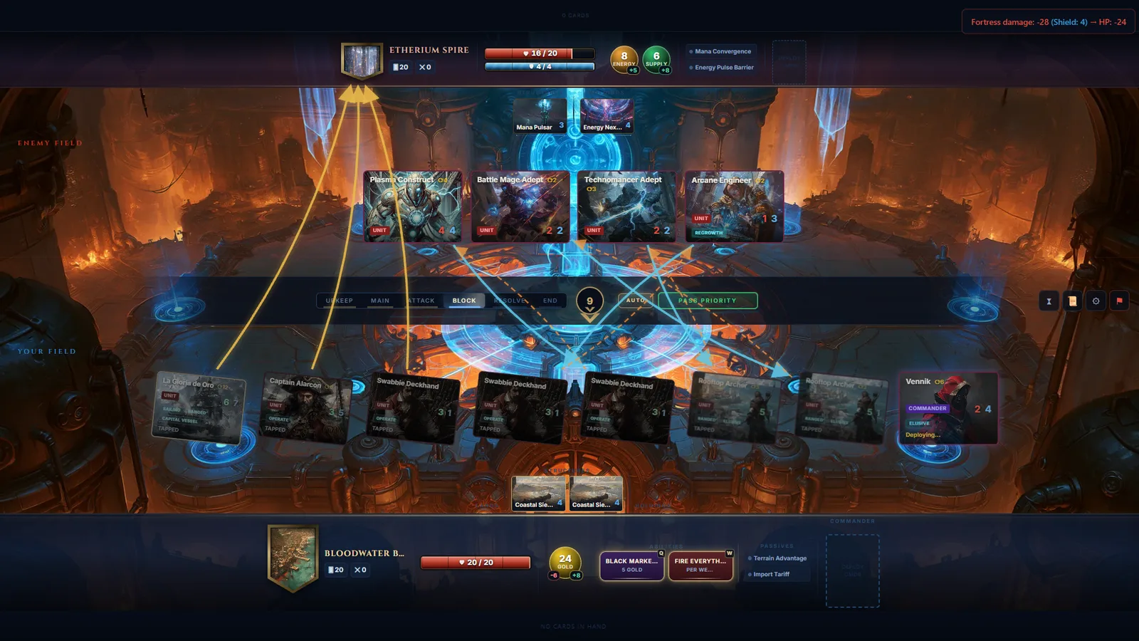 Spirefall gameplay — a full attack crashes into the Etherium Spire’s shields