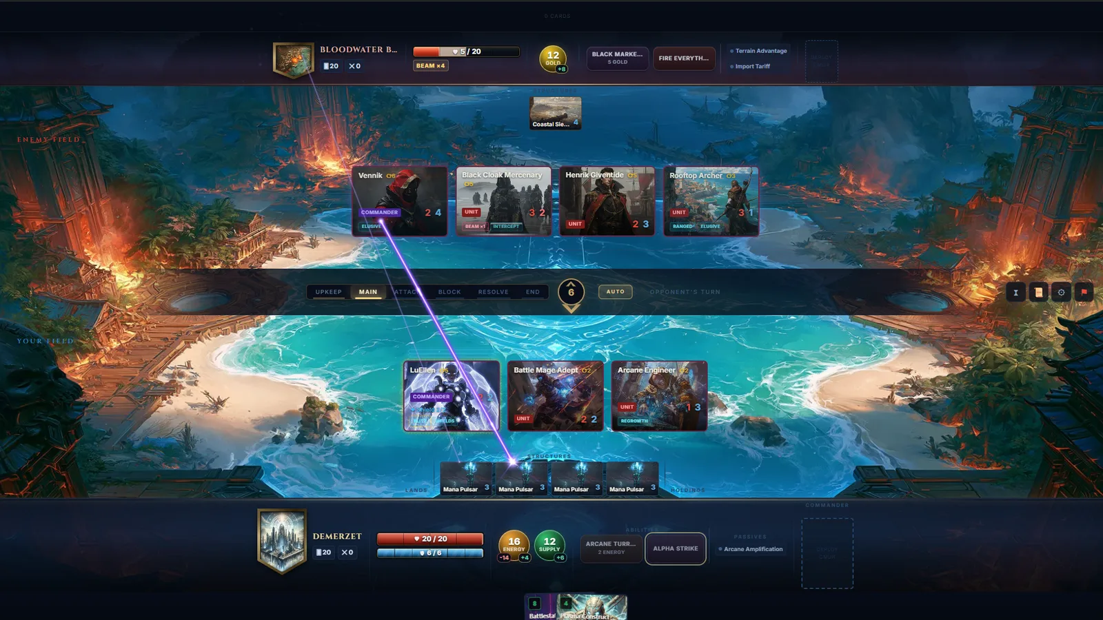 Spirefall gameplay — a Mana Pulsar fires across the board